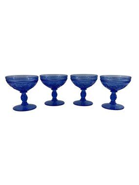 Blue Glass Dessert Compote Bowls With Floral Design - Set Of 4 Vintage